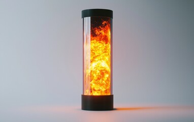 Bright flames dance inside a glass cylinder creating a striking display of fire and light effects