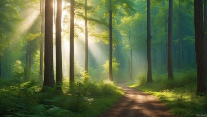 Obraz premium A serene forest scene featuring a pathway lined with tall trees,
