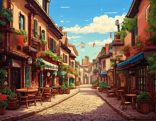 Fototapeta premium A charming cobblestone street lined with flower adorned buildings and outdoor cafes on a sunny day