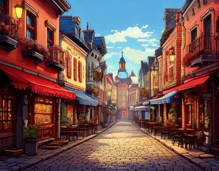 Fototapeta premium A charming cobblestone street lined with quaint shops and cafes bathed in warm sunlight