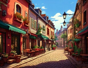 Fototapeta premium A charming cobblestone street lined with colorful buildings and outdoor cafes bathed in sunlight