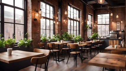 Obraz premium A cozy cafe interior wooden tables chairs, exposed brick walls, large windows, warm lighting creates a welcoming atmosphere.