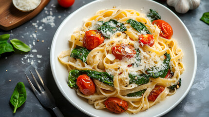 A spinach and roasted tomato pasta with garlic and parmesan cheese.