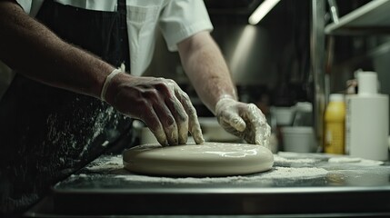 Close-up of chef's hands shaping dough on floured surface in a kitchen.