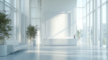 A contemporary business lobby with a pristine white reception desk, a customizable blank poster, and floor-to-ceiling glass partitions. The bright, airy space is designed for professionalism,