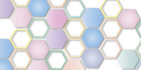 The geometric colorful hexagon texture pattern design. The abstract hexagon design.3d render of honeycomb white background abstract wall decorative in the bath copy space, technology, data