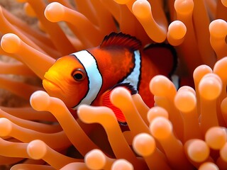 Vibrant Clownfish Hiding in Orange Sea Anemone, Underwater Marine Life Photography.