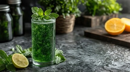 Fototapeta premium Refreshing Green Mint Soda with Lime and Orange Slices