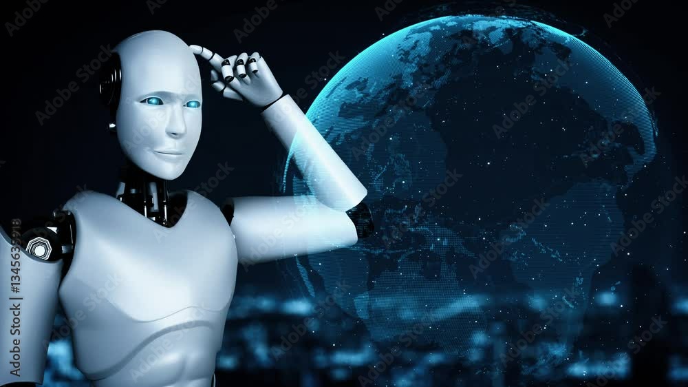 Poster ai robot huminoid uses cloud computing technology to store data on online server . futuristic concep