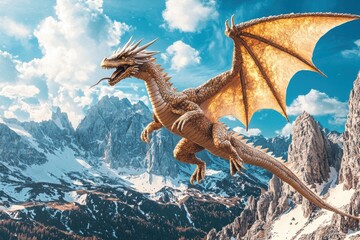 Majestic Golden Dragon Gliding Over Snow-Capped Mountain Peaks