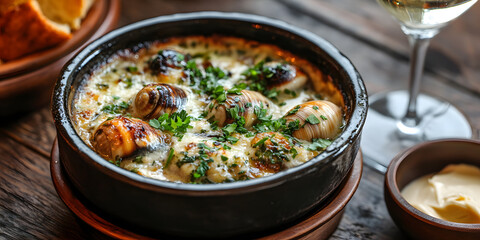 Savory Escargots de Bourgogne showcasing plump snails enveloped in a rich garlic butter and parsley blend.