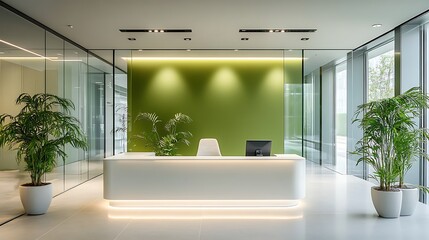 Fototapeta premium A sophisticated office interior with a clean white reception desk, fresh green walls, and glass partitions that create an open, airy atmosphere.