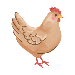 Watercolor illustration of a cute brown chicken
