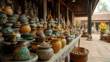 Fototapeta premium Assortment of Ornate Asian Pottery and Jars Displayed in Traditional Covered Market
