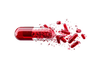 Bright red capsule bursts open to reveal scattered smaller pills and powder isolated on transparent background