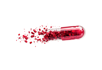 Bright red capsule breaking open, revealing scattered smaller pills and powder isolated on transparent background