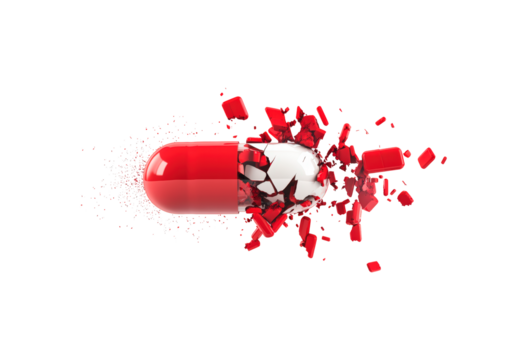 Large red capsule is exploding isolated on transparent background
