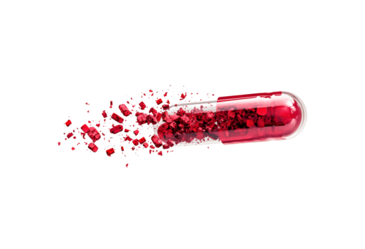 Bright red capsule breaking open, revealing scattered smaller pills and powder isolated on transparent background - Powered by Adobe