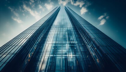 A modern glass skyscraper reflecting the sky, captured from below, emphasizing its towering height and sleek design.