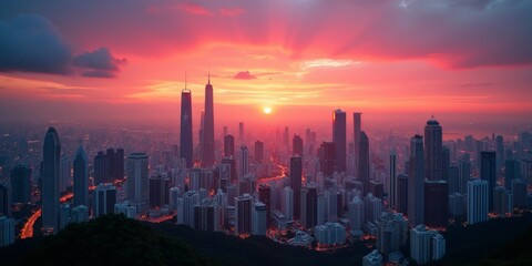 Fototapeta premium A cityscape at sunset, with towering skyscrapers and a vibrant sky