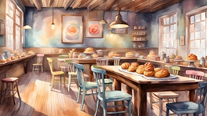 A charming watercolor illustration depicts a cozy bakery interior filled freshly baked goods rustic wooden furniture bathed warm, golden sunlight.