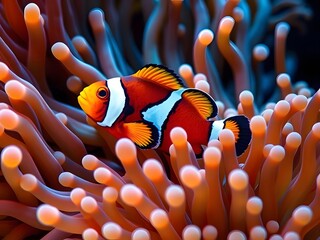 Vibrant Clownfish (Amphiprioninae) in Sea Anemone, Underwater Coral Reef, Marine Life, Ocean, Tropical Fish Photography.