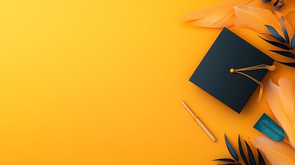 Graduation Cap and Tropical Leaves: Flat Lay Illustration on Yellow Background AI Generated