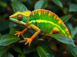 Obraz premium Vibrant Chameleon on a Green Branch - Exotic Reptile, Wildlife, Nature, Camouflage, Beautiful Color, Tropical, Lizard