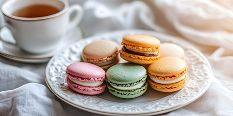 Obraz premium Elegant display of vibrant macarons arranged on a clean white porcelain plate for dessert enthusiasts.