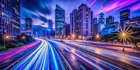 Fototapeta premium Long Exposure City Lights Streaks, Urban Night Photography, Abstract Blurred Cityscape