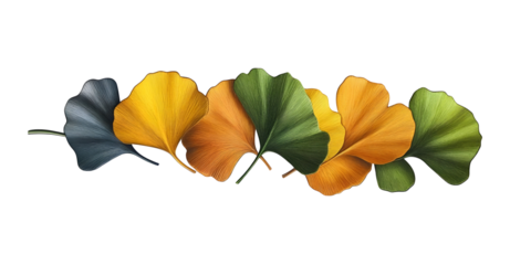 Illustration of Assorted Colorful Leaves with Transparent Background Featuring Autumn Foliage in Shades of Yellow Green Orange and Blue in a Natural Design For Seasonal Backdrops