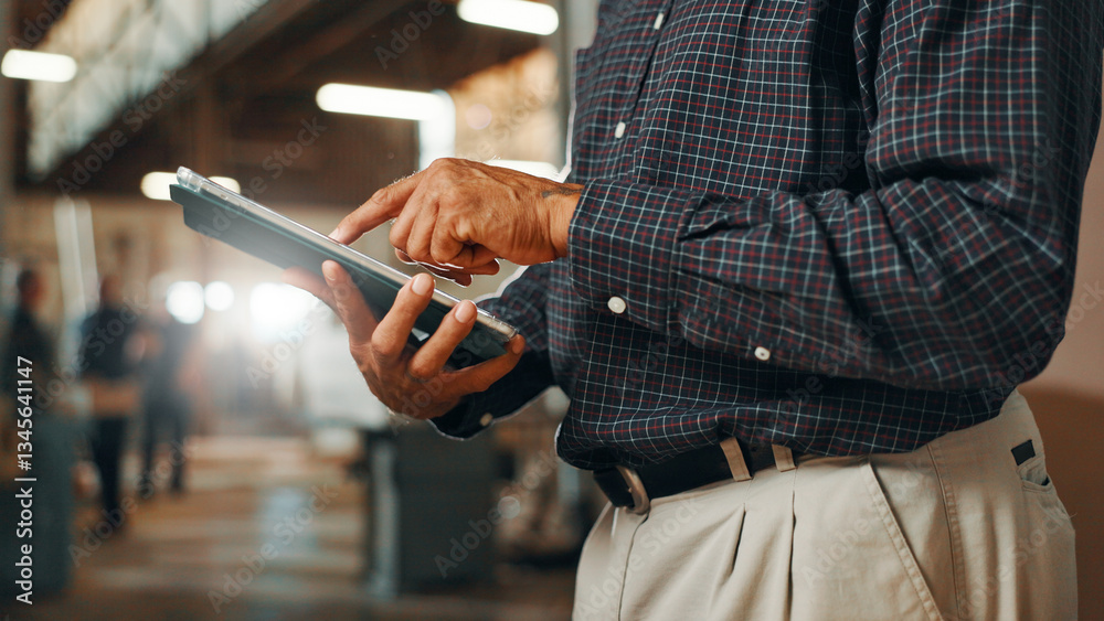 Aufkleber hands, man and carpenter with tablet in workshop for manufacturing and furniture production. carpent