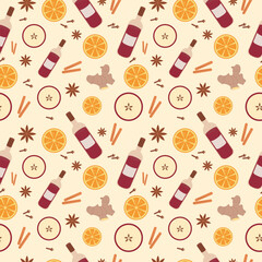 Seamless Pattern Mulled wine, red wine, spices, cinnamon, anise, orange, apple, ginger. Vector flat illustration