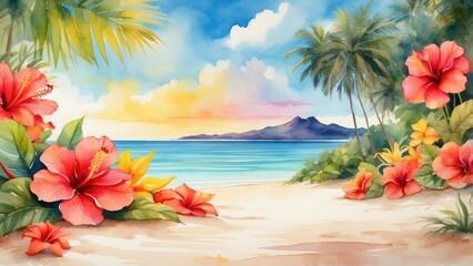tropical background with hibiscus flowers and palm leaves on a sunny day