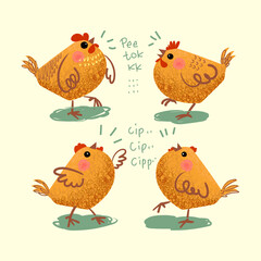 Set of chickens, hen, rooster sketch doodle on vintage style isolated on background vector illustration.