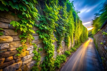 Fototapeta premium Long Exposure Photography: Lush Vines Overgrowing Stone Wall Border