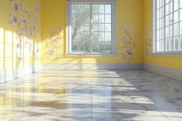 Fototapeta premium Bright and Airy Room with Yellow Walls and Floral Designs