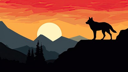 Silhouette Wolf on Mountaintop at Sunset