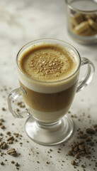 glass mug of layered coffee with frothy milk and sprinkled cinnamon on top, surrounded by scattered coffee beans on light marble surface. blurred glass with cookies is in background