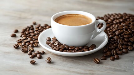 Obraz premium Coffee cup and coffee beans on a wooden background