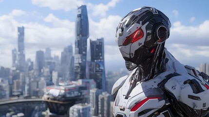 Fototapeta premium A robotic warrior with a futuristic cityscape