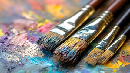 Obraz premium Close-up of Paintbrushes on a Colorful Artist's Palette
