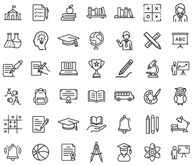 Education and Learning Line Icons Set – School, Graduation, Books, Online Learning, Mathematics, Science, Teaching, Writing, Academic Achievement, Research, and Student Success Icons