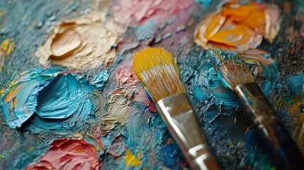 Fototapeta premium Close-up of Paintbrushes on a Colorful Artist's Palette