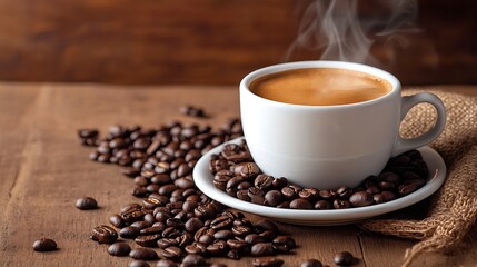 Coffee cup and coffee beans on a wooden background