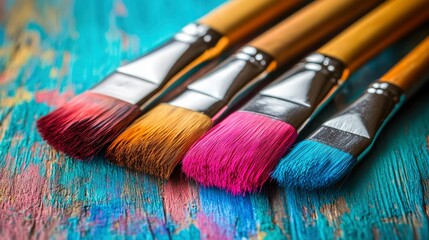 Obraz premium Close-up of Colorful Paintbrushes on a Textured Wooden Surface