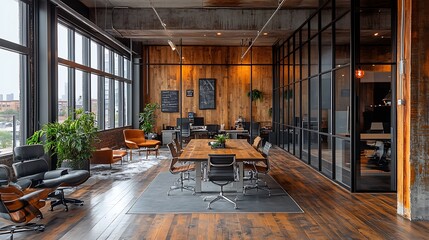 A high-end creative agency loft with an industrial-chic aesthetic, showcasing reclaimed wood accents, modern glass partitions, and a sweeping cityscape seen through oversized windows.