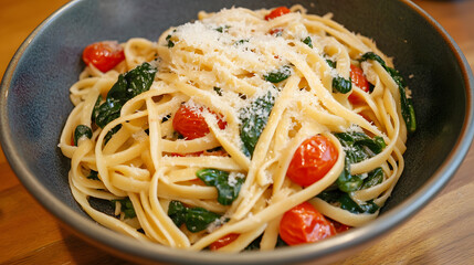 A spinach and roasted tomato pasta with garlic and parmesan cheese.
