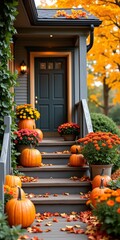 Autumnal porch adorned with pumpkins and mums
