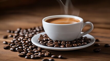 Fototapeta premium Coffee cup and coffee beans on a wooden background